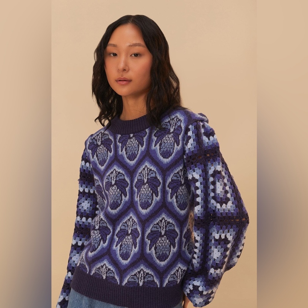 Farm Rio Blue Pinneaple Cobogo Knit Sweater